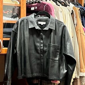 LOFT Black Faux Leather Jacket with Button Front
